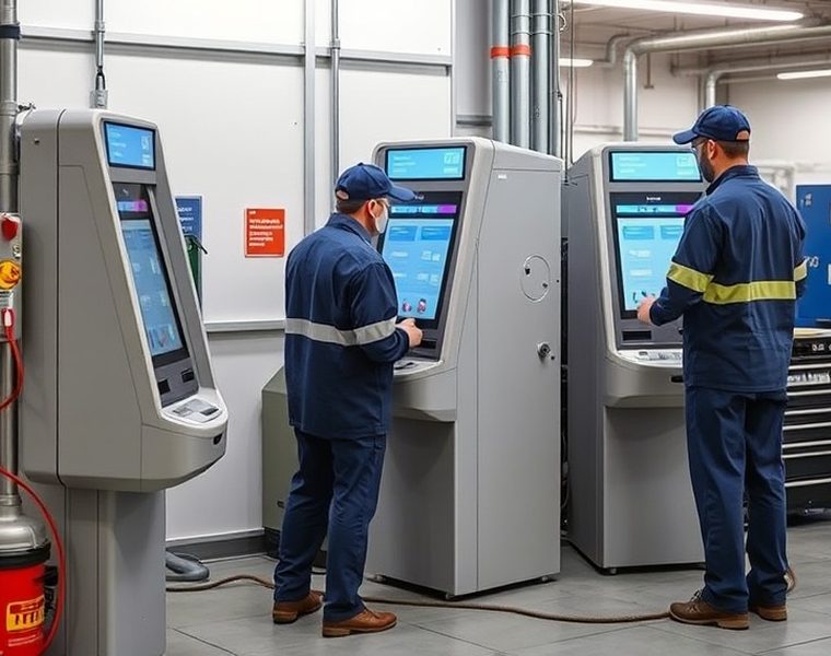 Técnico realizando el mantenimiento de un terminal de autoservicio